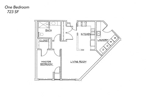 Floor plan for 1 bed, 1 bath, 723 sqft